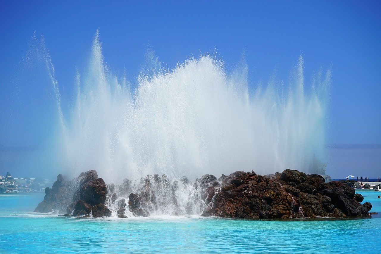 fountain, swimming pool, rocks