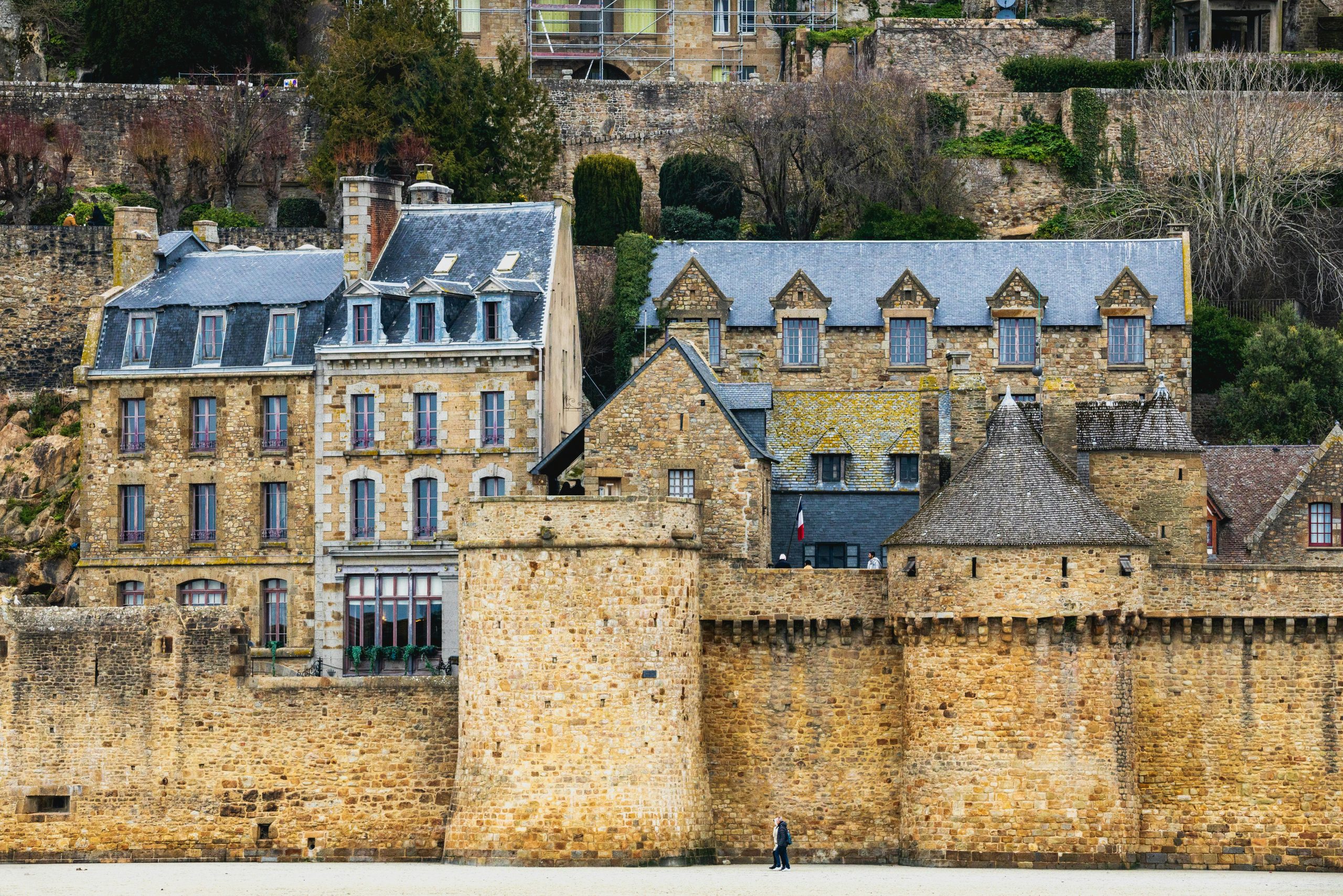 A stunning view of Mont-Saint-Michel's ancient stone architecture in Normandy, France.