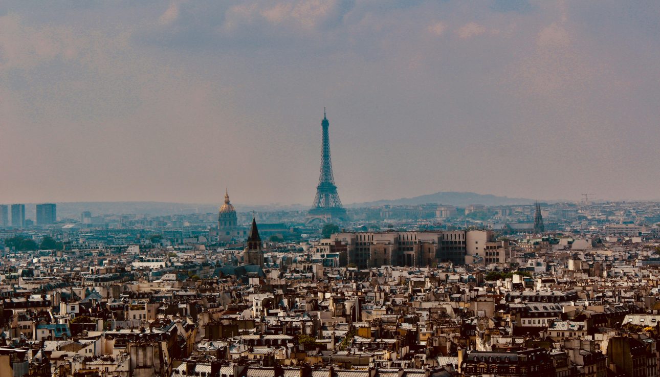 Explore the stunning panoramic cityscape of Paris with the iconic Eiffel Tower rising above the urban landscape.